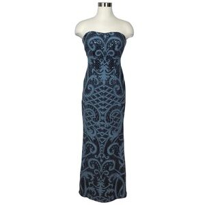 Adrianna Papell Full Length Lace Over Sequins Strapless Gown‎ Sz 2 Blue HoCo